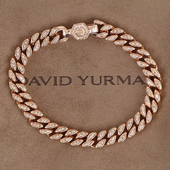 25133 David Yurman 18k Rose Gold Pave Diamond 7mm Curb Chain Bracelet 7"